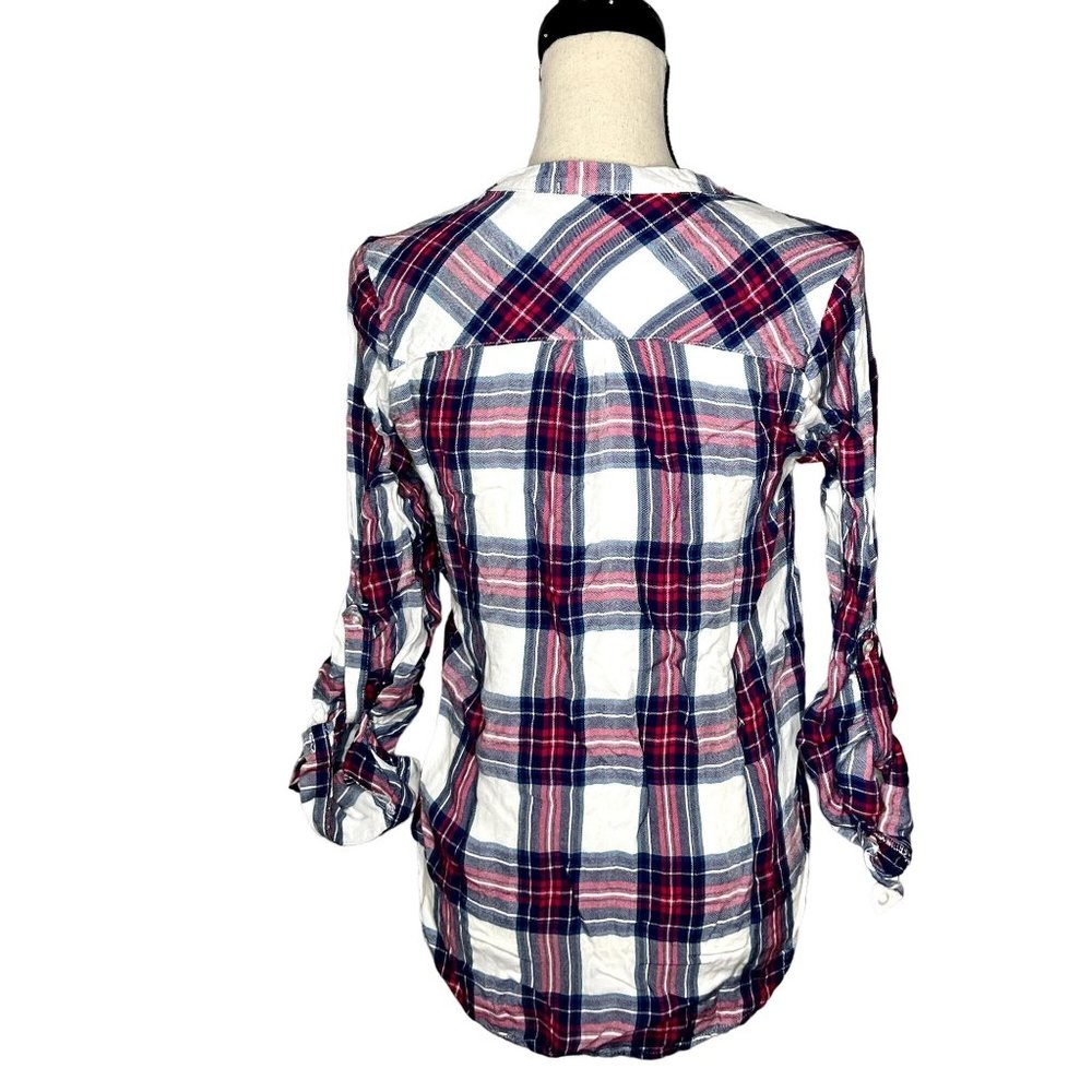 NSR Blue Pink Plaid 3/4 Sleeve Partial Button Down Popover Casual Top Size S - Picture 3 of 7